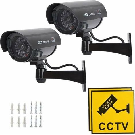 Lot de 2 fausses caméras de surveillance avec LED infrarouge clignotante rouge, fausse caméra de sécurité CCTV (1/4)