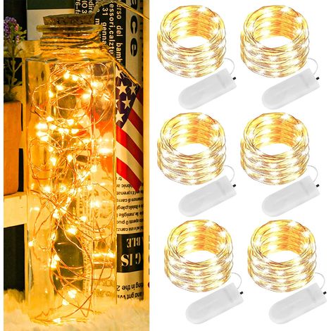 Guirlande Lumineuse Pile - 20 LED Blanc Chaud - Fil de Cuivre Souple 2 m - Étanche IP65 - Intérieur Extérieur - 6 Pièces (1/5)