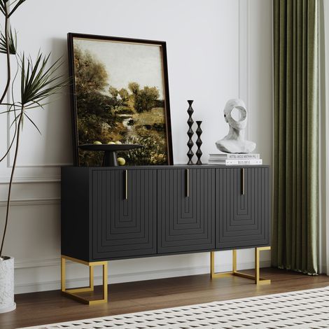 Credenza 132x39.5x75 cm nera in MDF con 3 ante, ripiani regolabili e base in metallo (1/5)