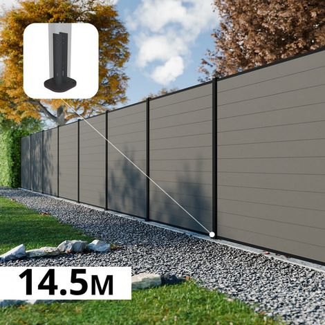 Kit Clôture Composite RIO Platines 14,5x1,8m - Bois composite & Aluminium - Poteaux Noir sur Platines - Brise vue