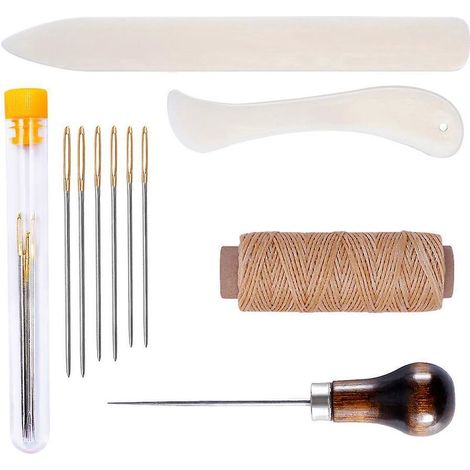Kit Outils Cuir - 11 Pièces Avec Aiguilles Fil Ciré 8 Couleurs Ciseaux Ruban Mesure Poinçon - Couture Et Réparation Cuir - 1 Unité (1/5)