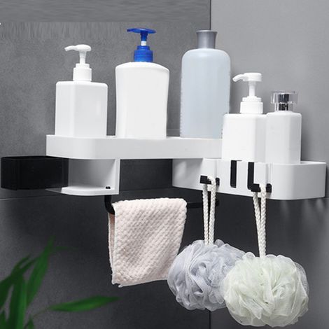 Étagère d'angle de salle de bain multifonctionnelle à double niveau, support de rangement mural pour cuisine, sans traces, blanc et noir. (1/5)