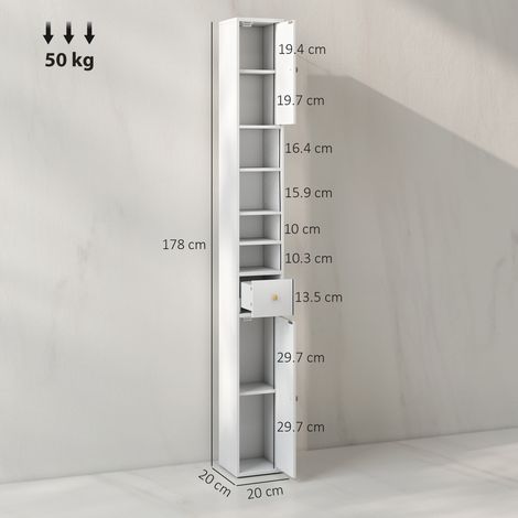 Colonne de salle de bain gain de place. Comprend deux placards, trois étagères ouvertes et un tiroir. En bois, dimensions : 20 x 20 x 178 cm, blanc. (1/5)