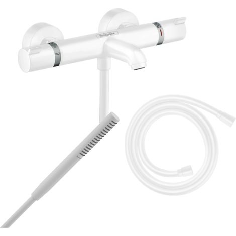 Pack mezclador termostático para baño-ducha HANSGROHE Ecostat Comfort + flexo Isiflex + rociador Pulsify S en blanco mate