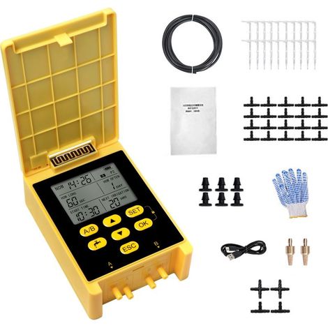 Kit irrigazione a goccia solare doppia pompa per 20 piante, sensore di pioggia, display digitale, pannello solare, tubo 15m (1/5)