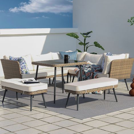 Salotto da giardino 9 posti in resina wicker marrone e beige BARACOA