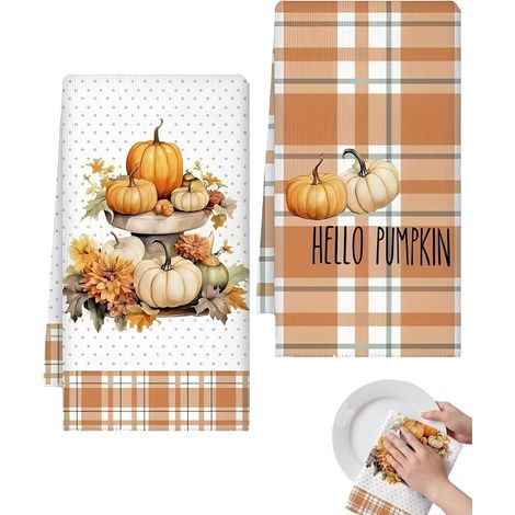 Lot de 2 Torchons d'Automne avec Feuilles d'Érable et Citrouilles pour Cuisine, torchon automne (40x60 cm) (Orange) (A) (1/5)