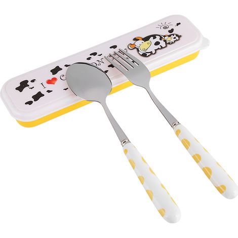 Ensemble de 2 couverts de cuisine en acier inoxydable (couteau, fourchette, cuillère) avec boîte, jaune, pour enfants. (1/5)