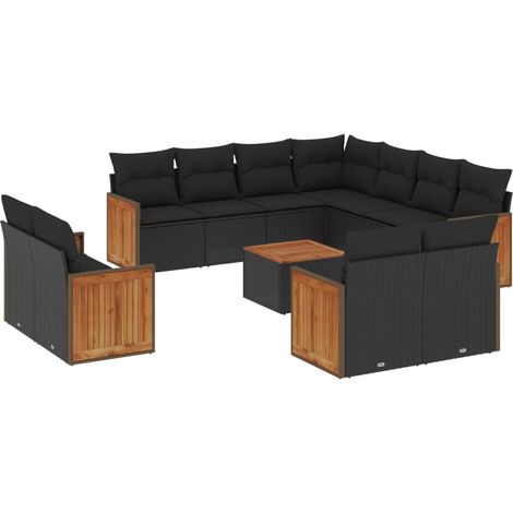 Salon de jardin 12 pcs avec coussins noir résine tressée (1/5)