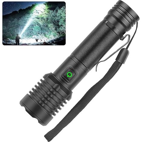 Linterna LED recargable, 90000 lúmenes, potente linterna táctica, alto brillo, recargable por USB-C (para camping, senderismo y emergencias). (1/5)