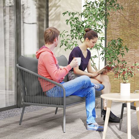 Canapé de jardin - avec coussins Canapé en rotin 2 places Canapé salon Canapé balcon extérieur 112 x 72 x 76 cm Gris - Idéal