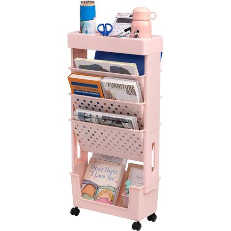 Petite Bibliothèque roulettes Mobile Livre Chariot de Rangement 5 Niveaux Étagère à Livres Chariot Roulant pour Salon Chambre à Coucher Bureau, Rose (1/5)