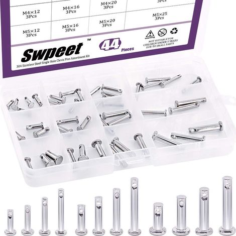 Assortiment de 44 goupilles de chape en acier inoxydable 304 M3 M4 M5 12 broches à tête plate avec trou de localisation Broche ronde en T avec boîte en plastique (1/5)