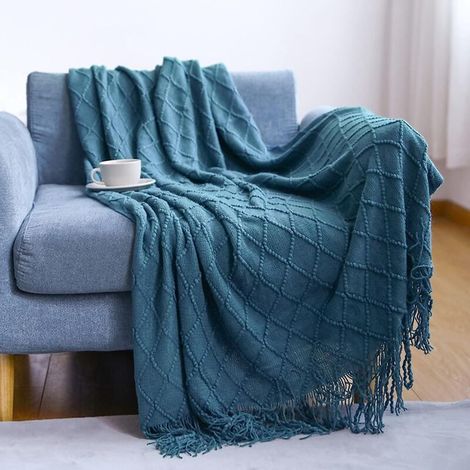 Couverture tricotée unie de style nordique avec franges - Jeté de canapé et couvre-lit doux, chaud et décoratif (1/5)
