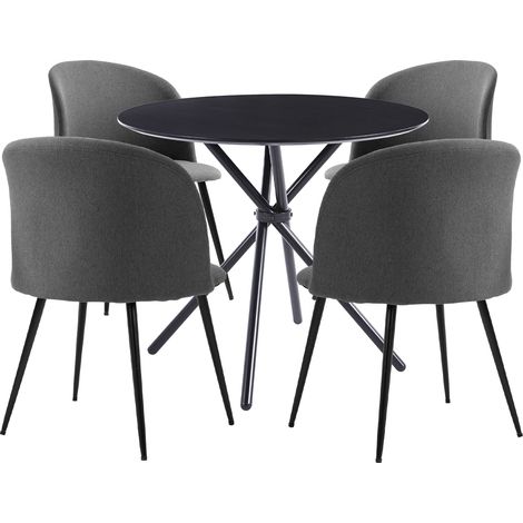 Hallowood Furniture Cullompton Small Black Dining Table and Chairs Set 4, Round Kitchen Table and Chairs Set 4 in Curved-back Grey Fabric Upholstery, Dining Room Sets for Home and Cafe