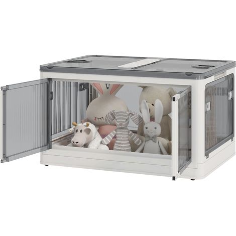 Weiße Kunststoff-Aufbewahrungsbox (69 l) mit Deckel, stapelbar und faltbar, 5 Öffnungen und Rollen.