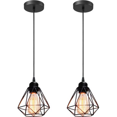 Lot de 2 Suspension Luminaire Industrielle Métal Lustre Plafonnier Style Cage Ø16cm Géométrique E27 Mini Lampe Suspension Vintage pour Cuisine Chambre Couloir, Noir