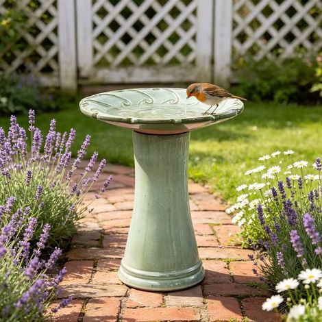Bagno per uccelli su piedistallo 43x43x45 cm in ceramica verde chiaro antigelo - MEUBLIV (1/5)