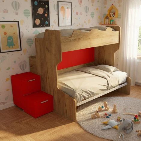 Letto a castello con gradini a cassetti e passerella - Una piazza e mezza e singola - Quercia e Rosso