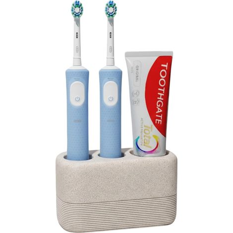 Porte Brosse à Dents Électrique Salle de Bain Support en Résine Freestanding 3 Compartiments Rangement Compact sans Perçage Accessoire Salle de Bain Design Moderne - Beige (1/5)