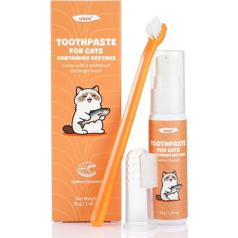 Kit de soins dentaires pour chat, dentifrice enzymatique goût saumon Avec brosse à dents et brosse à doigts, aide à réduire la plaque et la mauvaise haleine, 30 g (1/5)
