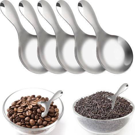 Lot de 5 cuillères rondes en acier inoxydable avec poignée courte - Pour bidon - Mini pelles polyvalentes argentées pour dessert, café, pots à épices, sel, sucre, thé, pots à confiture (1/5)