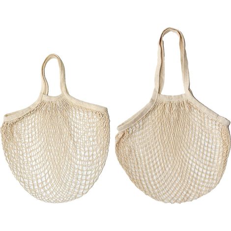 Lot de 2 sacs à provisions en filet, réutilisables et lavables, en coton, avec cordon de serrage, pour fruits et légumes (beige) (1/5)