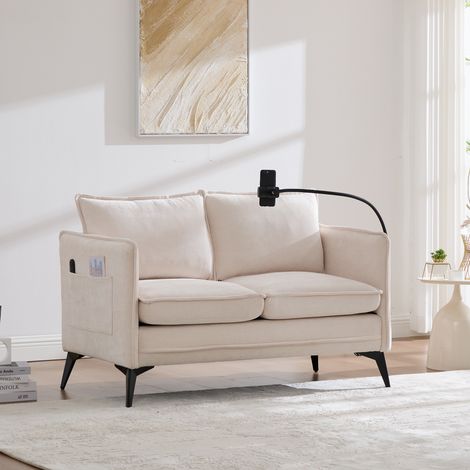 Canapé droit, canapé rembourré 2 places avec support de téléphone réglable, poches latérales - meuble de chambre/salon, chenille, beige (1/5)