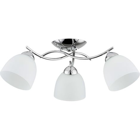 Plafonnier chromé à 3 ampoules, abat-jour blanc, pour salon ou entrée, 3 x E27, 15 W, Torino Alfa (1/2)