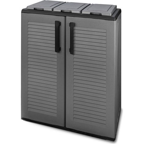 Dmora - Pattumiera Artan, Cestino portarifiuti, Bidone per raccolta differenziata 2 ante, 100% Made in Italy, 68x37h84 cm, Grigio e Nero, Finitura righe