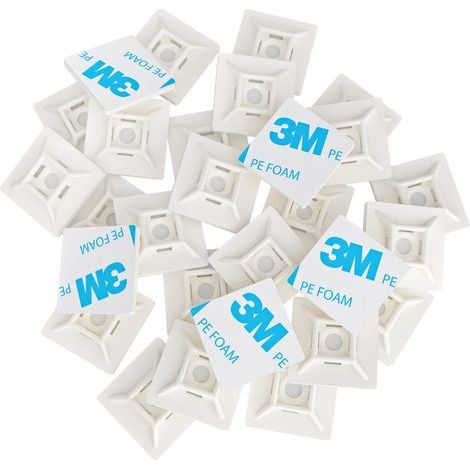 100 Pièces Embases Adhesive pour Attache de Cable, 28mm x 28 mm, Blanc, Serre-Câbles Auto Adhésif, Support de Serre Câble Plastique, Embase pour Collier de Serrage (1/5)