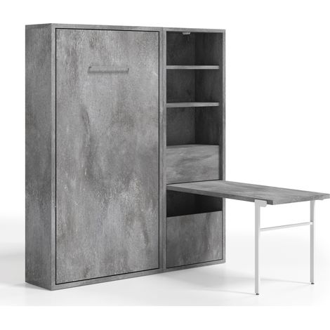 Lit escamotable vertical 140x200 avec armoire et bureau Kampo-Coffrage Blanc-Façade Gris ciment (1/5)