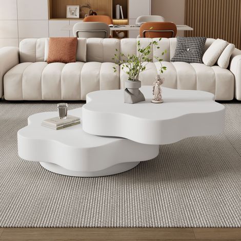 Table basse pivotante fleur 360° blanc crème 2 étagères MDF 30kg 74,8x67,5x31cm