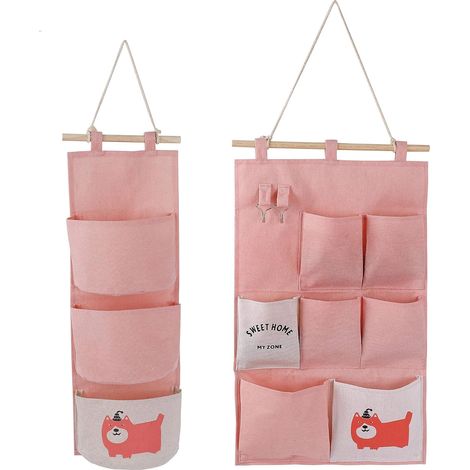Sac de rangement mural en lin rose, 2 modèles, avec petites poches, idéal pour la maison ou le bureau. (1/5)