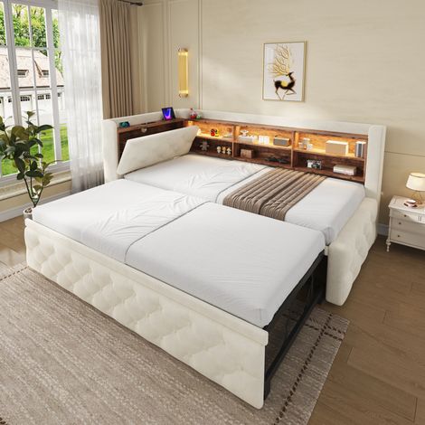 Cama extraíble 90x190 cm de terciopelo beige con almacenaje, LED y USB/Type-C (1/5)