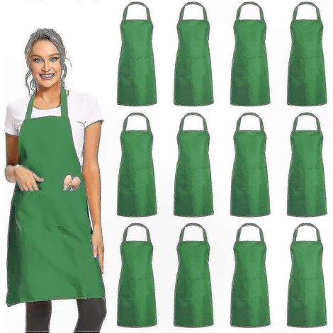 Tablier de cuisine noir unisexe avec 2 poches, lot de 12, vêtement professionnel pour restauration et usage commercial (1/4)