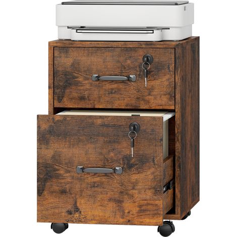 Caisson bureau mobile à 2 tiroirs, meuble rangement bureau sur roulettes pour documents suspendus format lettre, marron (1/5)
