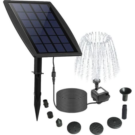 Fontaine Solaire, Fontaine de jardin, ABS 6V/2W, 8 buses + sac filtrant (1/5)