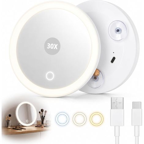 6" Miroir Grossissant 30X LED 3 Couleurs avec Ventouse USB Rechargeable (1/5)