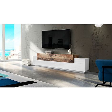 Mobile Porta TV soggiorno Bianco Lucido e Acero Pereira L. 240 cm - Corona (1/4)
