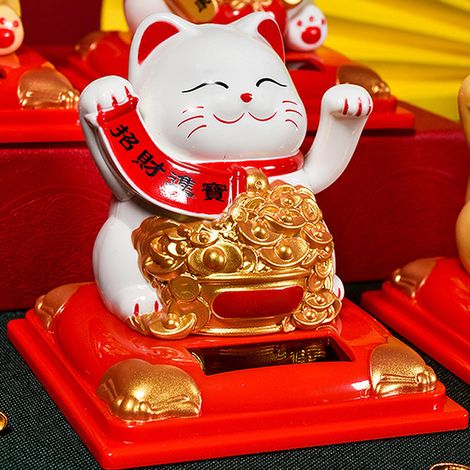 Petit chat porte-bonheur solaire avec main en gâteau, décoration de pâtisserie, ornement pour voiture et maison, cadeau artisanal, 336A Chat porte-bonheur solaire en bol à trésor - Blanc (1/5)