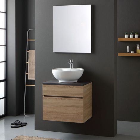 Mueble De Baño Roble Con Tope De Madera Antracita Para Lavabo De Apoyo Sole