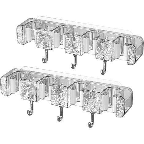 2 Stück Wandbesenhalter ohne Bohren, Wandbesenhalter aus Kunststoff für Wischmopp, Wischmopp, Besenhalter, selbstklebende Befestigung mit 4 Clips und 3 Haken – transparent