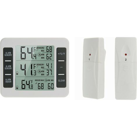 lot de 1 Thermomètre de Frigo Congelateur, Thermomètre de Réfrigérateur sans Fil avec 2 Capteurs, Alarme Sonore, Min/Max, Thermomètre in/Extérieur pour Maison Cuisine Restaurant Bars Café (1/5)