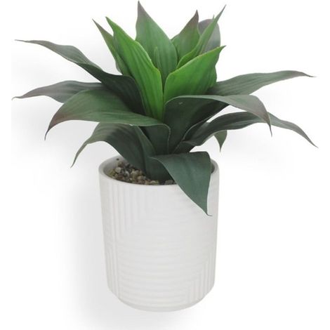 TrAdE Shop Traesio - Vaso Ceramica Bianco Texture A Righe Con Pianta Artificiale 28cm Decorazione Casa 164391 - (1/2)