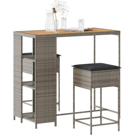 3-tlg. Gartenbar-Set mit Kissen Grau Poly Rattan