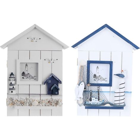 Lot de 2 Boîtes à Clés Murales en Mdf Décoratives Style Méditerranéen, Support Multifonctionnel de Rangement pour Entrée Cuisine, Design Maison Bleu et Blanc, pour Organiser Clés (1/5)
