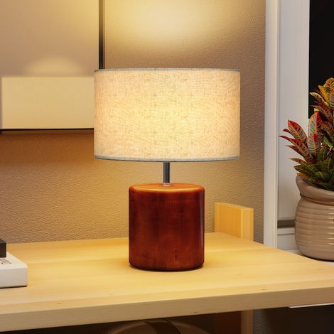 Lampe de table rustique marron de chevet avec base en bois Abat-jour en lin Interrupteur