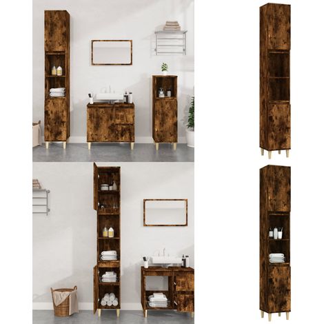 Armoire de bain chêne fumé 30x30x190 cm bois d'ingénierie - Meuble De Salle De Bain - Armoire De Salle De Bain - Rangement Salle De Bain - Commode Salle De Bain - Meuble Lavabo - Home & Living