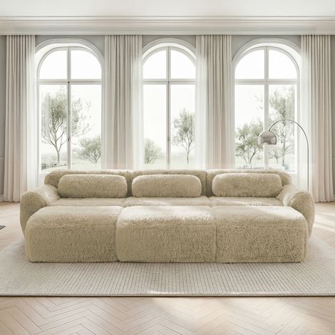 Divano modulare 3 posti senza struttura con 3 pouf in tessuto peluche beige HAVRYA (1/5)